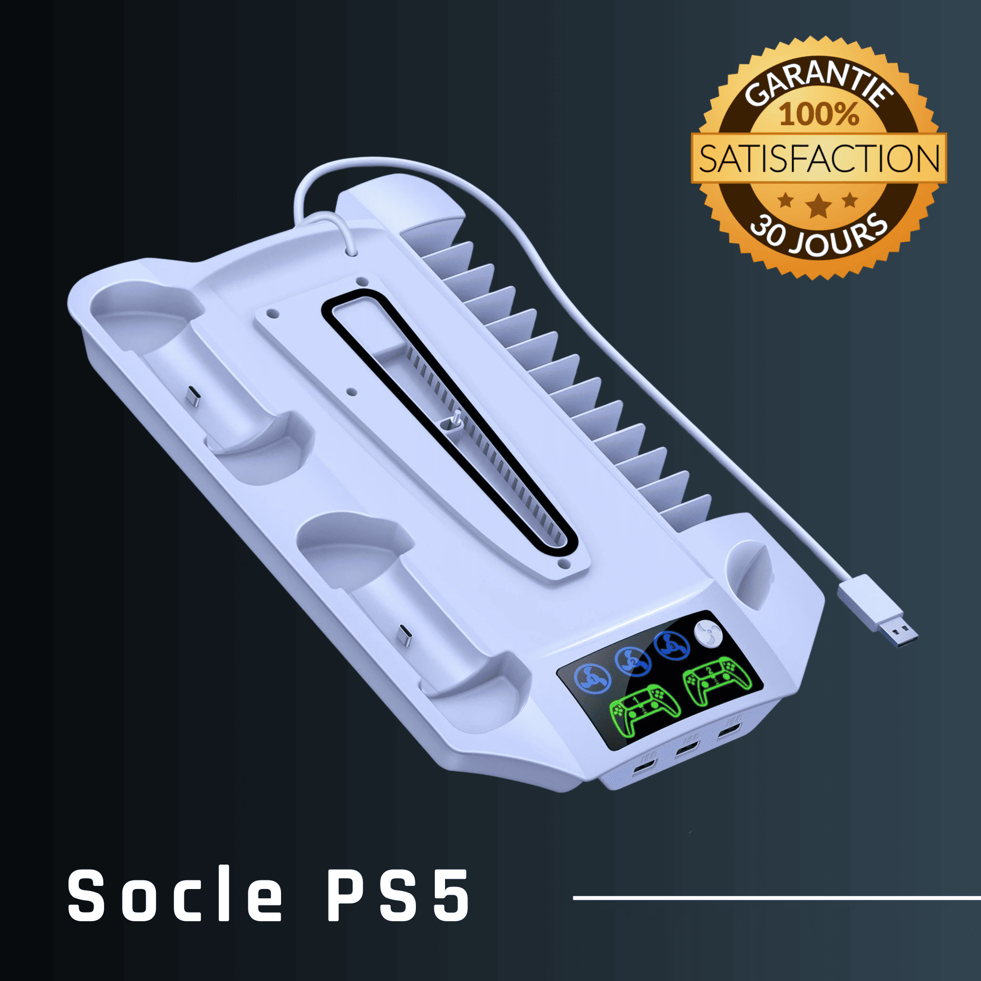 Support multifonction PS5 blanc avec ventilateur intégré, recharge manette et rangement jeux