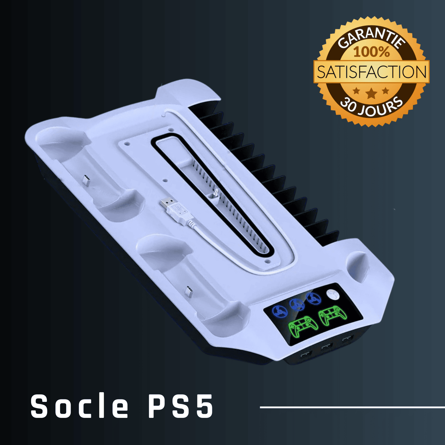 Support multifonction PS5 noir avec ventilateur intégré, recharge manette et rangement jeux